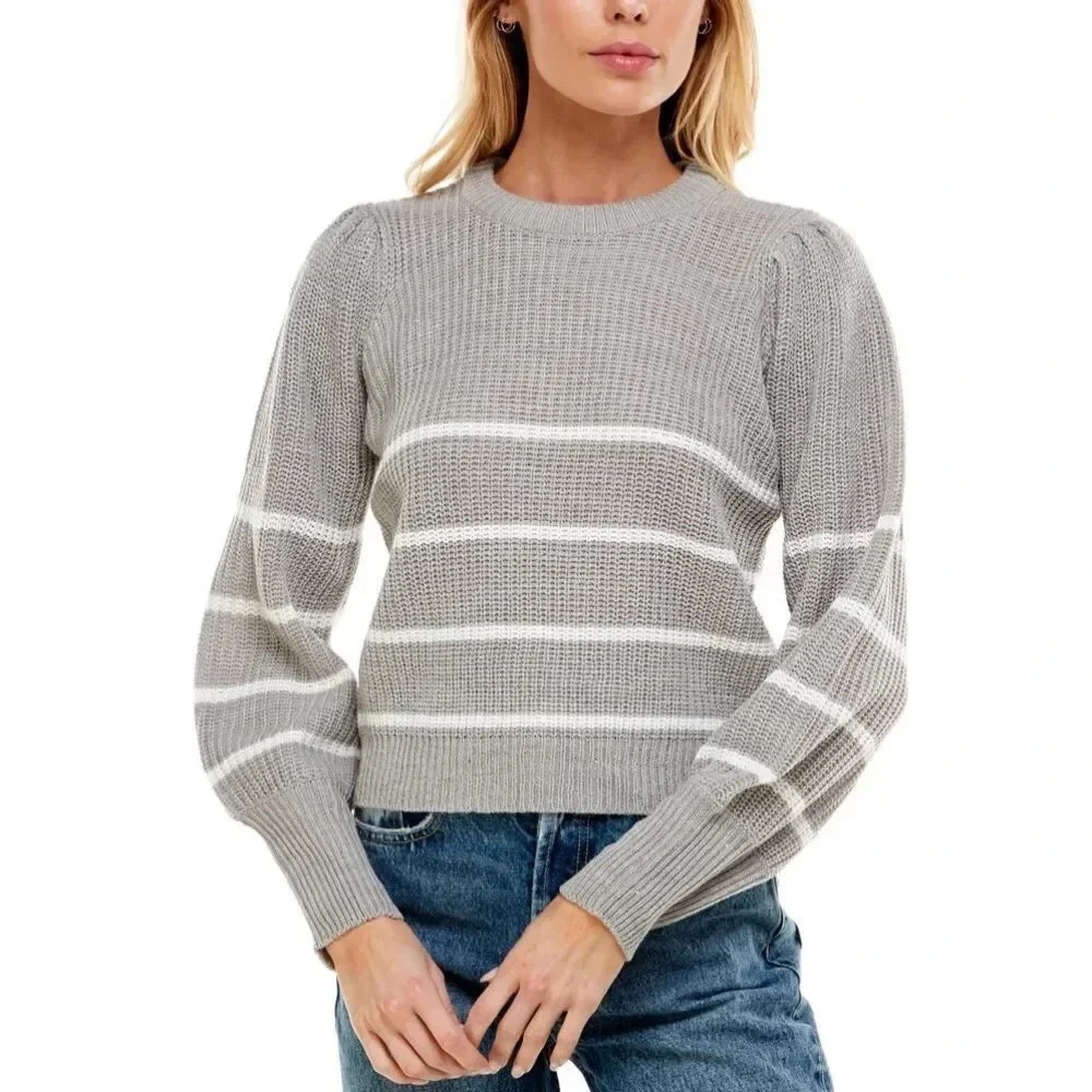 NWT Juniors' Ikeddi Striped Puff-Shoulder Sweater, XL size, Brand New